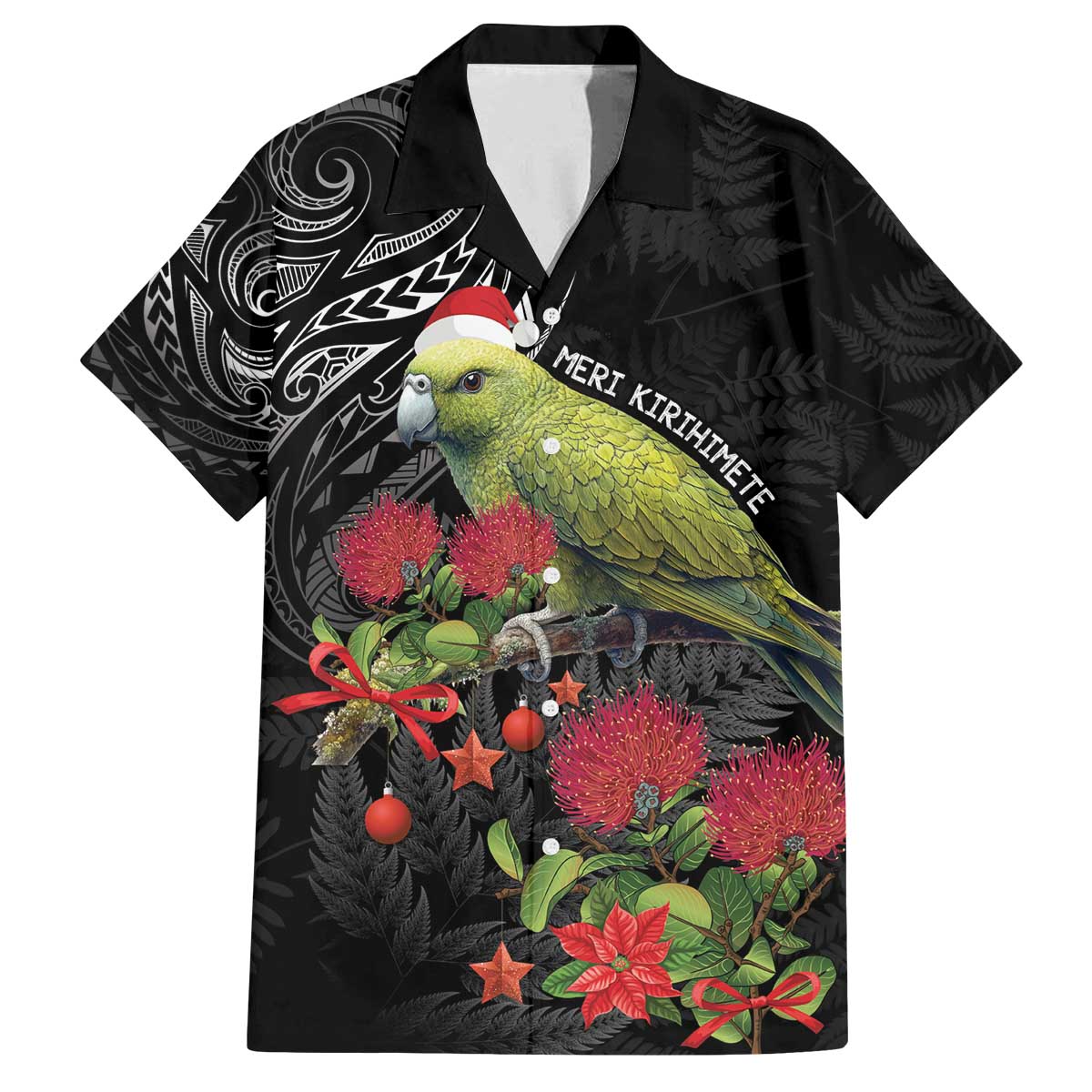 Meri Kirihimete Kakapo Family Matching Off The Shoulder Long Sleeve Dress and Hawaiian Shirt Black Silver Fern Christmas Vibe