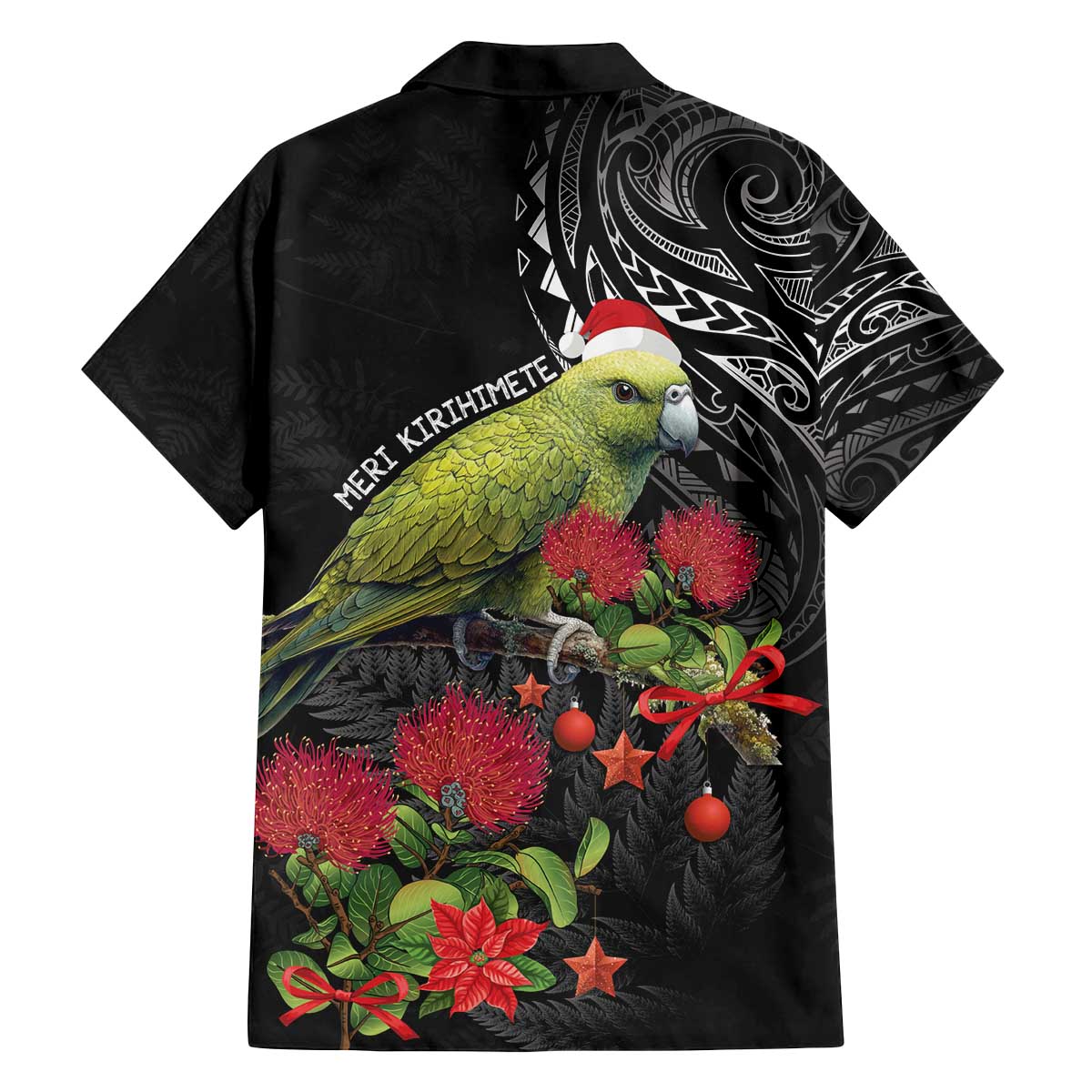 Meri Kirihimete Kakapo Family Matching Off The Shoulder Long Sleeve Dress and Hawaiian Shirt Black Silver Fern Christmas Vibe