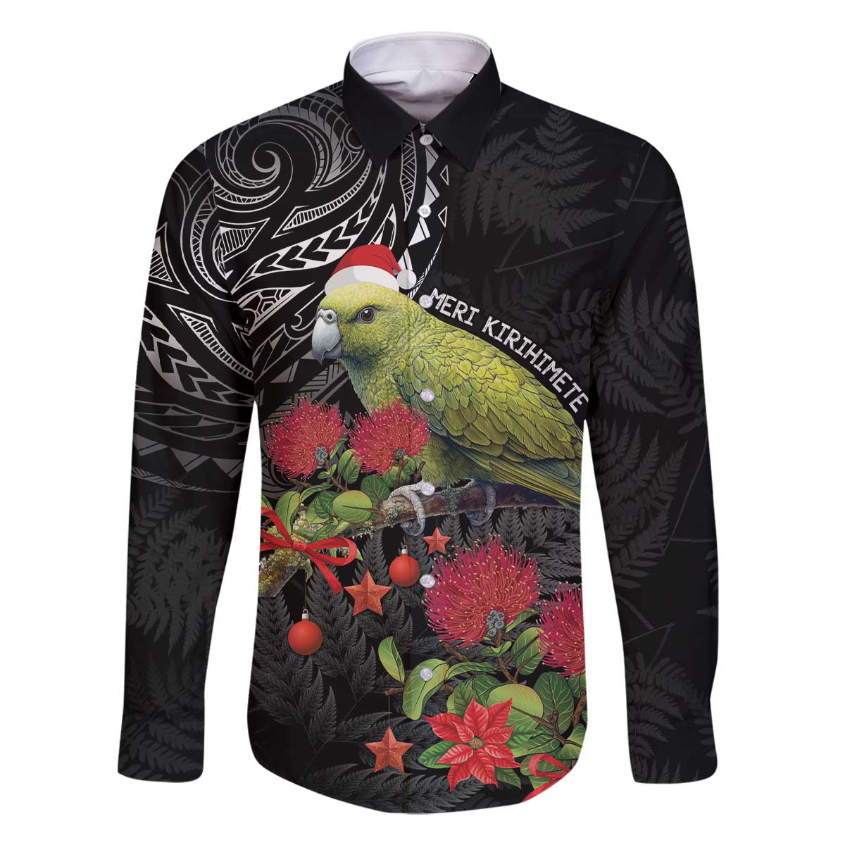 Meri Kirihimete Kakapo Family Matching Off The Shoulder Long Sleeve Dress and Hawaiian Shirt Black Silver Fern Christmas Vibe