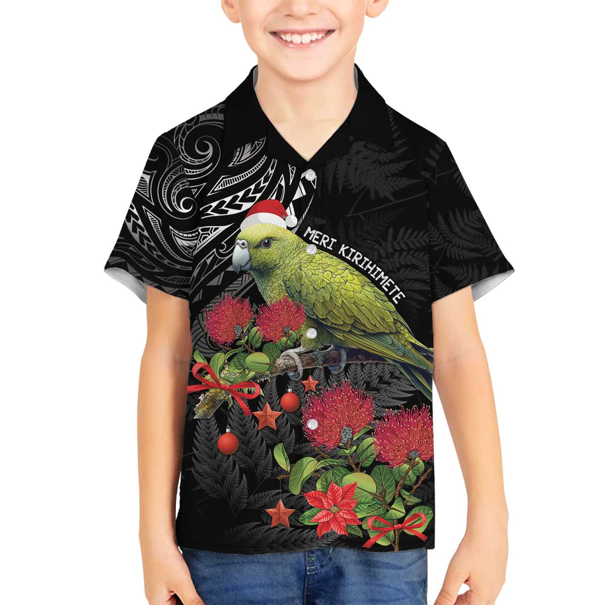 Meri Kirihimete Kakapo Family Matching Off The Shoulder Long Sleeve Dress and Hawaiian Shirt Black Silver Fern Christmas Vibe