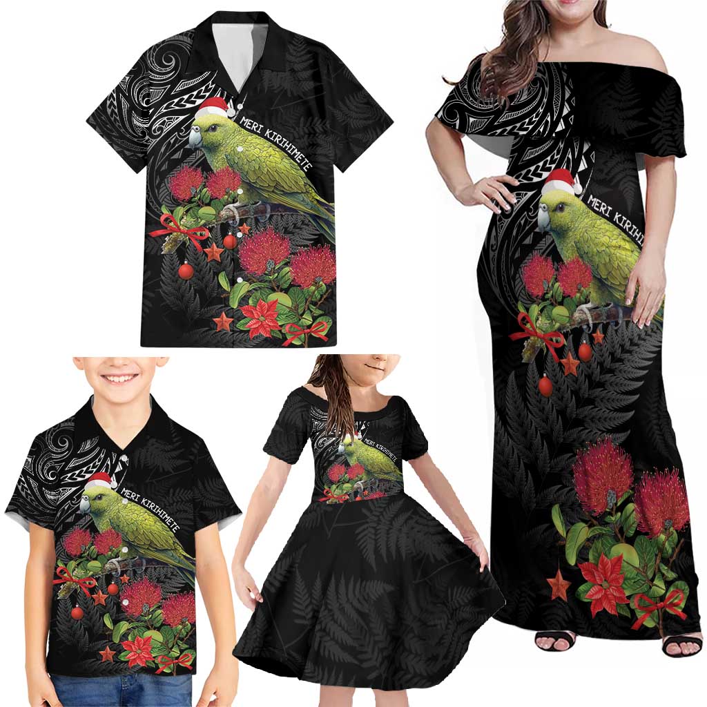 Meri Kirihimete Kakapo Family Matching Off Shoulder Maxi Dress and Hawaiian Shirt Black Silver Fern Christmas Vibe