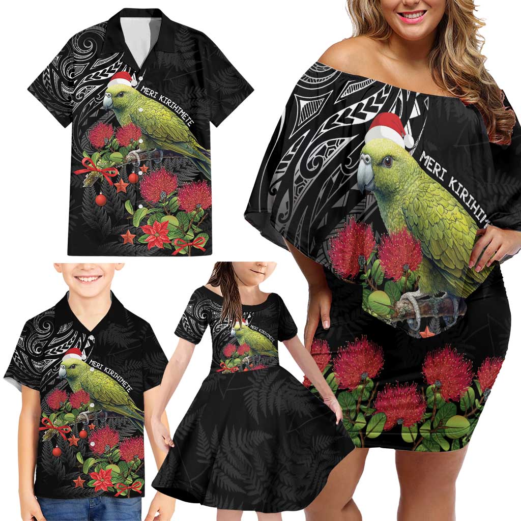 Meri Kirihimete Kakapo Family Matching Off Shoulder Short Dress and Hawaiian Shirt Black Silver Fern Christmas Vibe