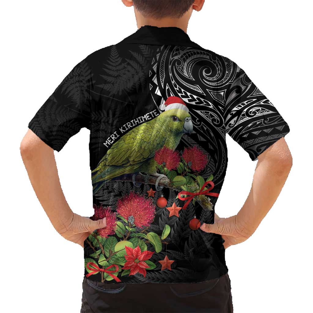 Meri Kirihimete Kakapo Family Matching Off Shoulder Short Dress and Hawaiian Shirt Black Silver Fern Christmas Vibe