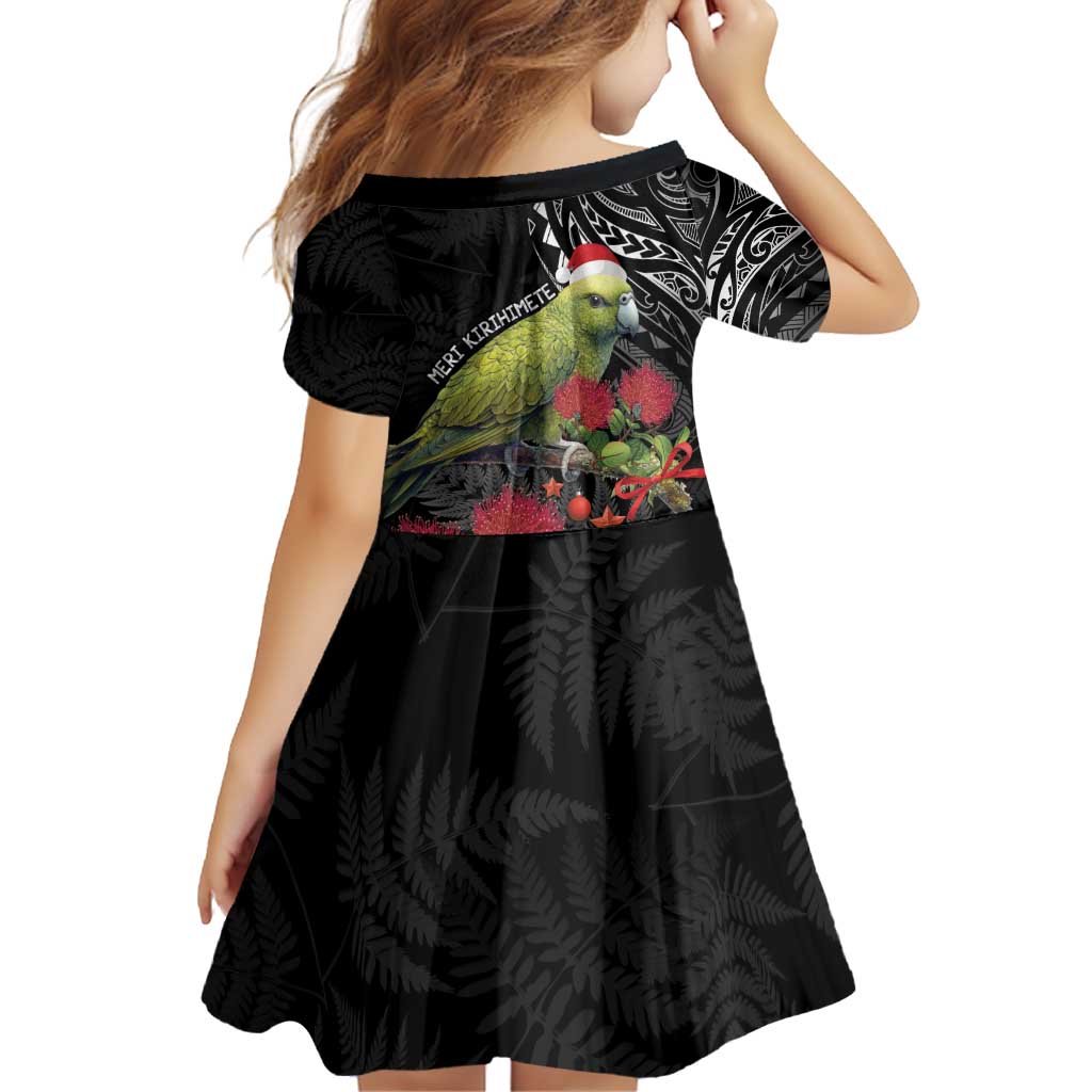 Meri Kirihimete Kakapo Family Matching Off Shoulder Short Dress and Hawaiian Shirt Black Silver Fern Christmas Vibe