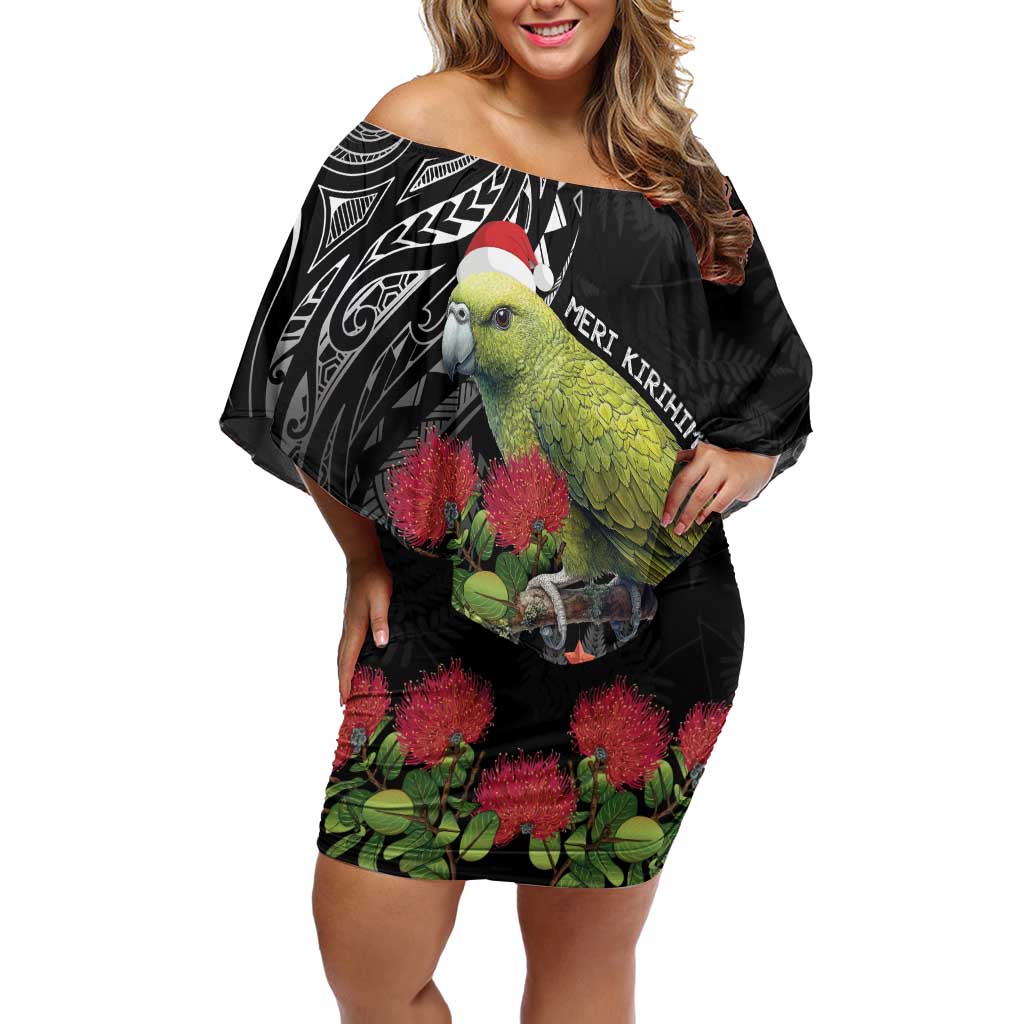 Meri Kirihimete Kakapo Family Matching Off Shoulder Short Dress and Hawaiian Shirt Black Silver Fern Christmas Vibe