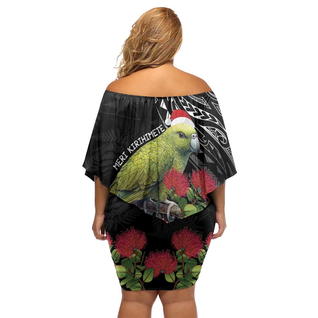 Meri Kirihimete Kakapo Family Matching Off Shoulder Short Dress and Hawaiian Shirt Black Silver Fern Christmas Vibe