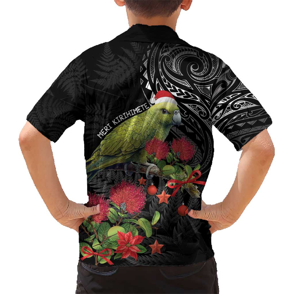 Meri Kirihimete Kakapo Family Matching Short Sleeve Bodycon Dress and Hawaiian Shirt Black Silver Fern Christmas Vibe