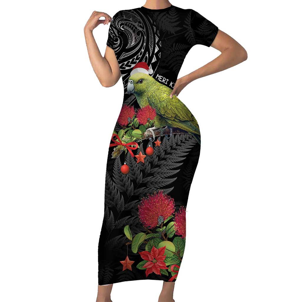 Meri Kirihimete Kakapo Family Matching Short Sleeve Bodycon Dress and Hawaiian Shirt Black Silver Fern Christmas Vibe