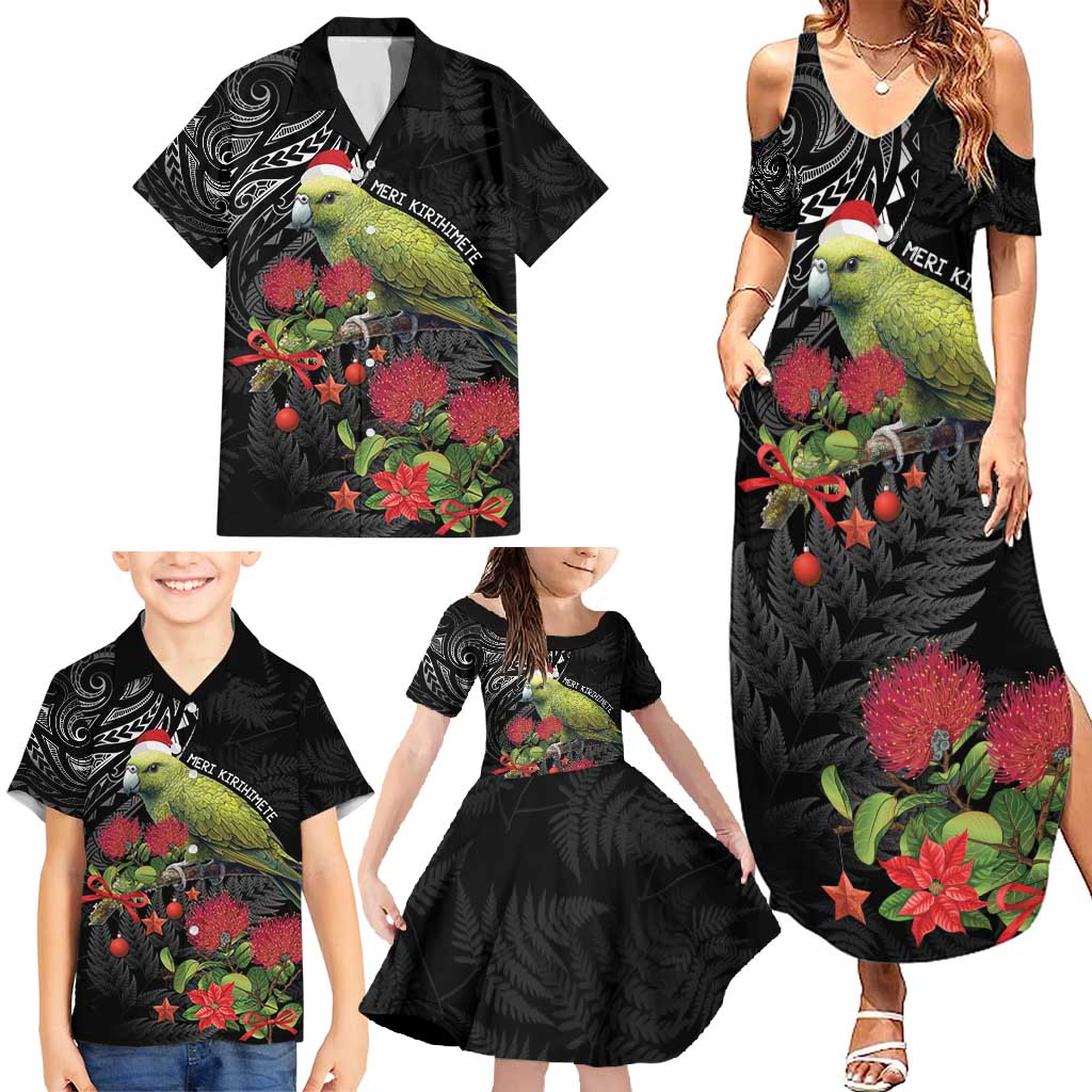 Meri Kirihimete Kakapo Family Matching Summer Maxi Dress and Hawaiian Shirt Black Silver Fern Christmas Vibe