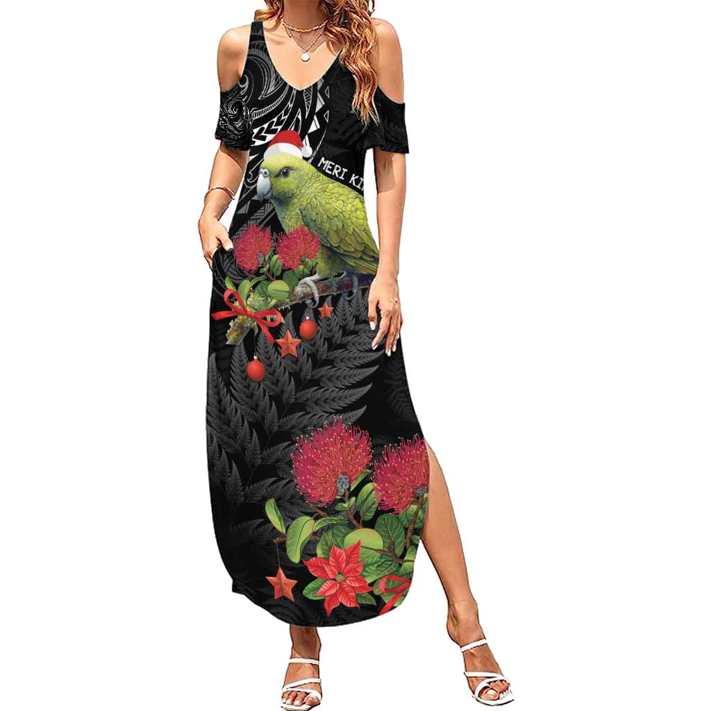 Meri Kirihimete Kakapo Family Matching Summer Maxi Dress and Hawaiian Shirt Black Silver Fern Christmas Vibe