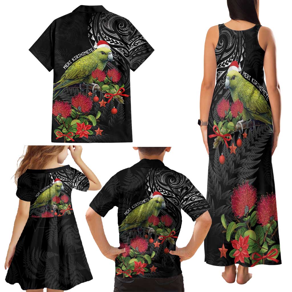 Meri Kirihimete Kakapo Family Matching Tank Maxi Dress and Hawaiian Shirt Black Silver Fern Christmas Vibe