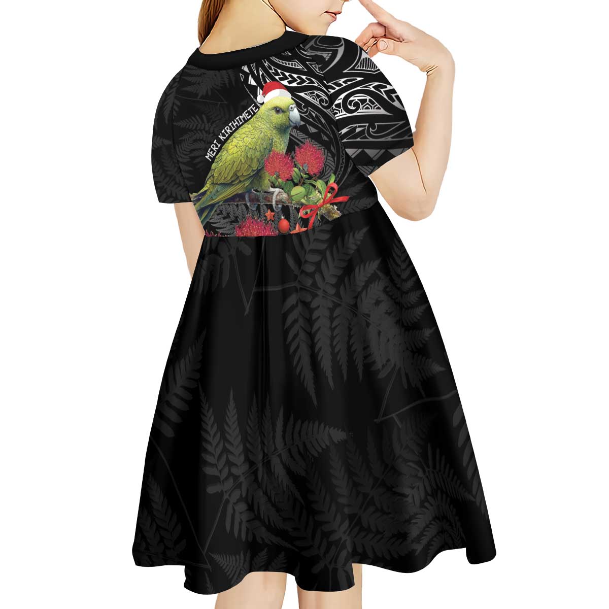 Meri Kirihimete Kakapo Kid Short Sleeve Dress Black Silver Fern Christmas Vibe - Vibe Hoodie Shop