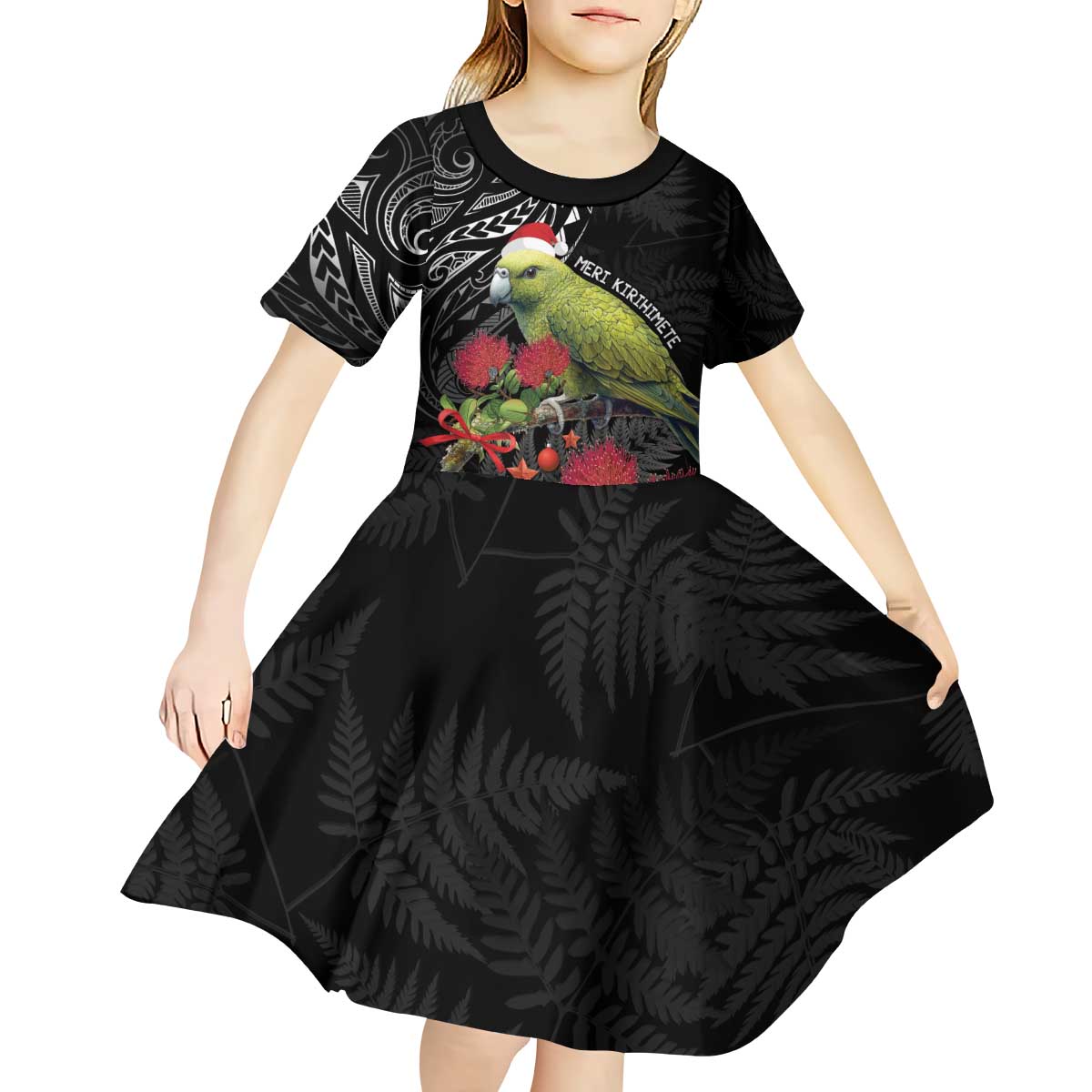 Meri Kirihimete Kakapo Kid Short Sleeve Dress Black Silver Fern Christmas Vibe - Vibe Hoodie Shop