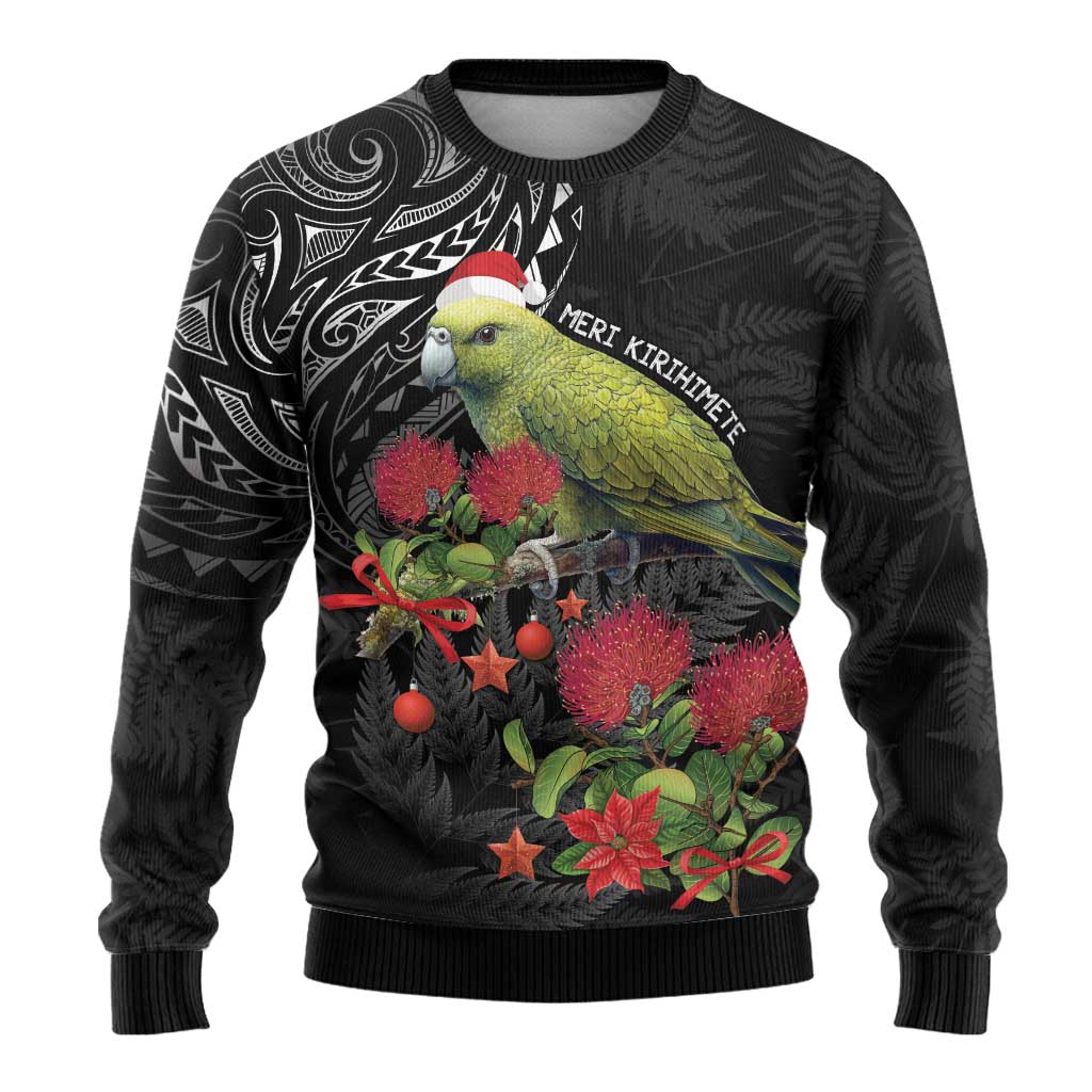 Meri Kirihimete Kakapo Ugly Christmas Sweater Black Silver Fern Christmas Vibe