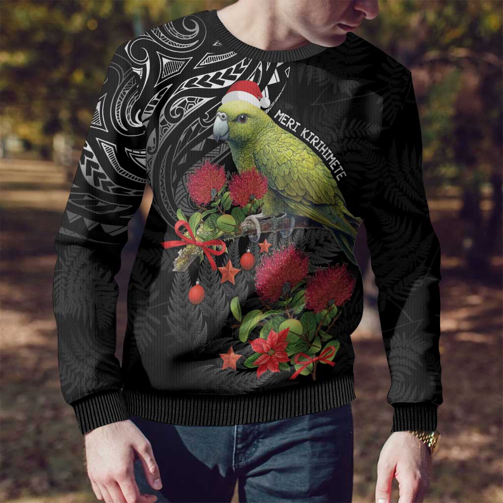 Meri Kirihimete Kakapo Ugly Christmas Sweater Black Silver Fern Christmas Vibe