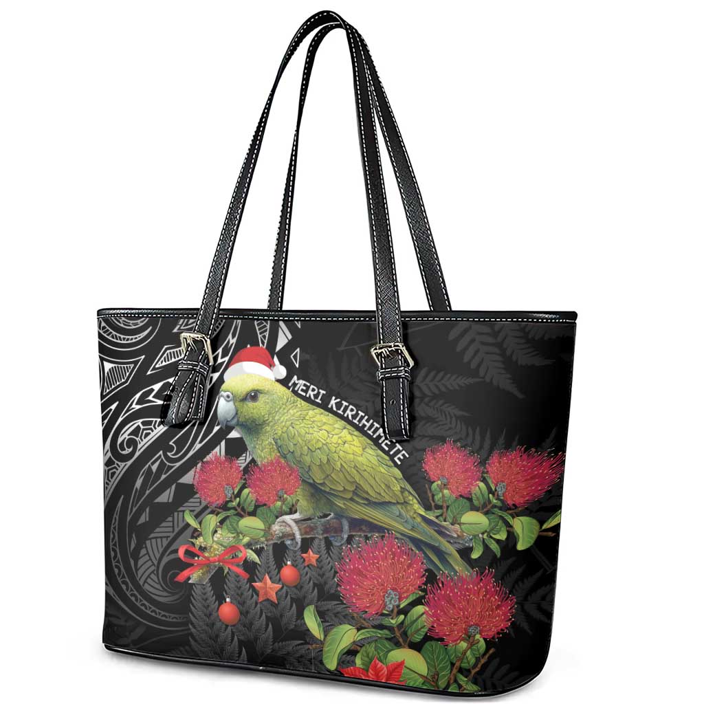 Meri Kirihimete Kakapo Leather Tote Bag Black Silver Fern Christmas Vibe