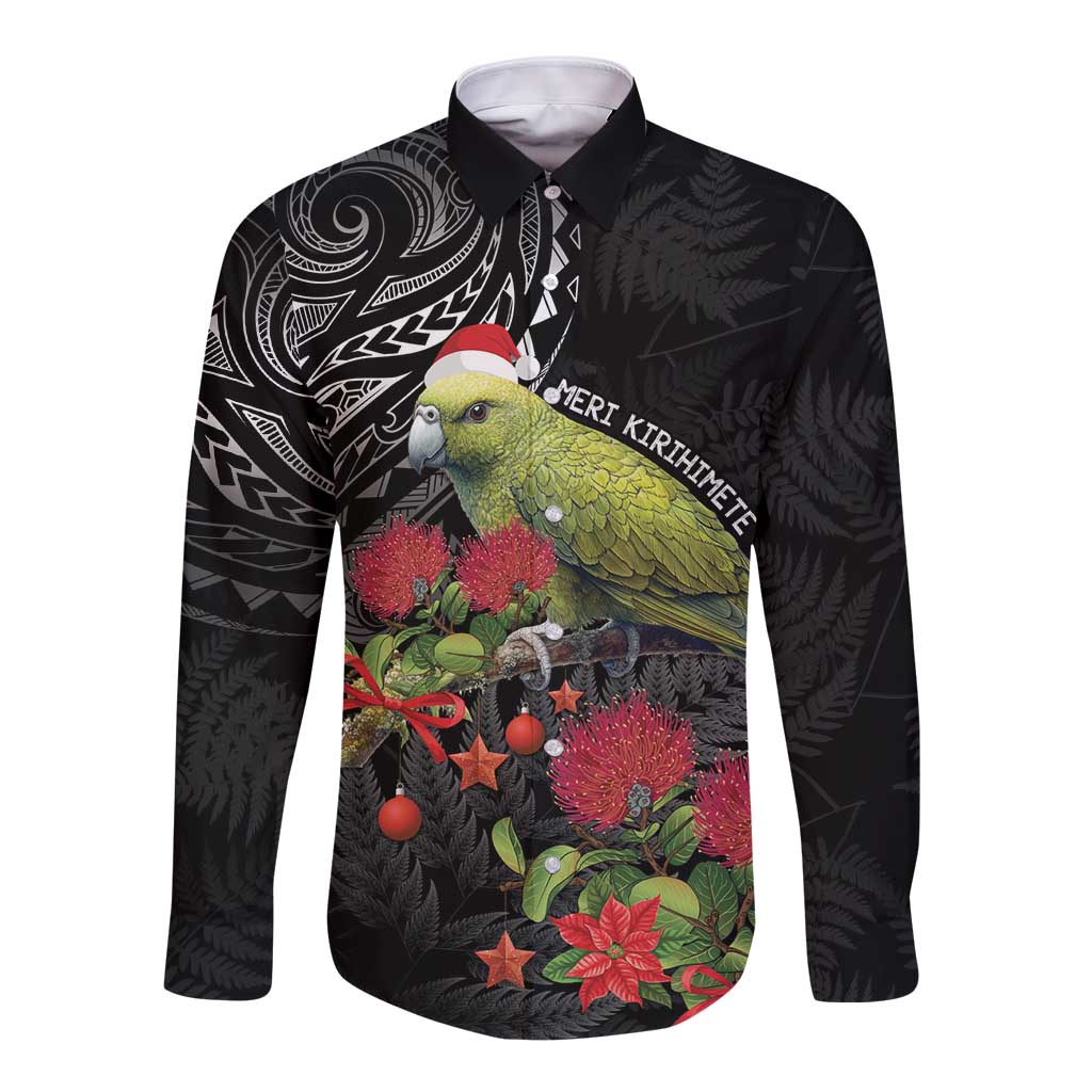 Meri Kirihimete Kakapo Long Sleeve Button Shirt Black Silver Fern Christmas Vibe - Vibe Hoodie Shop