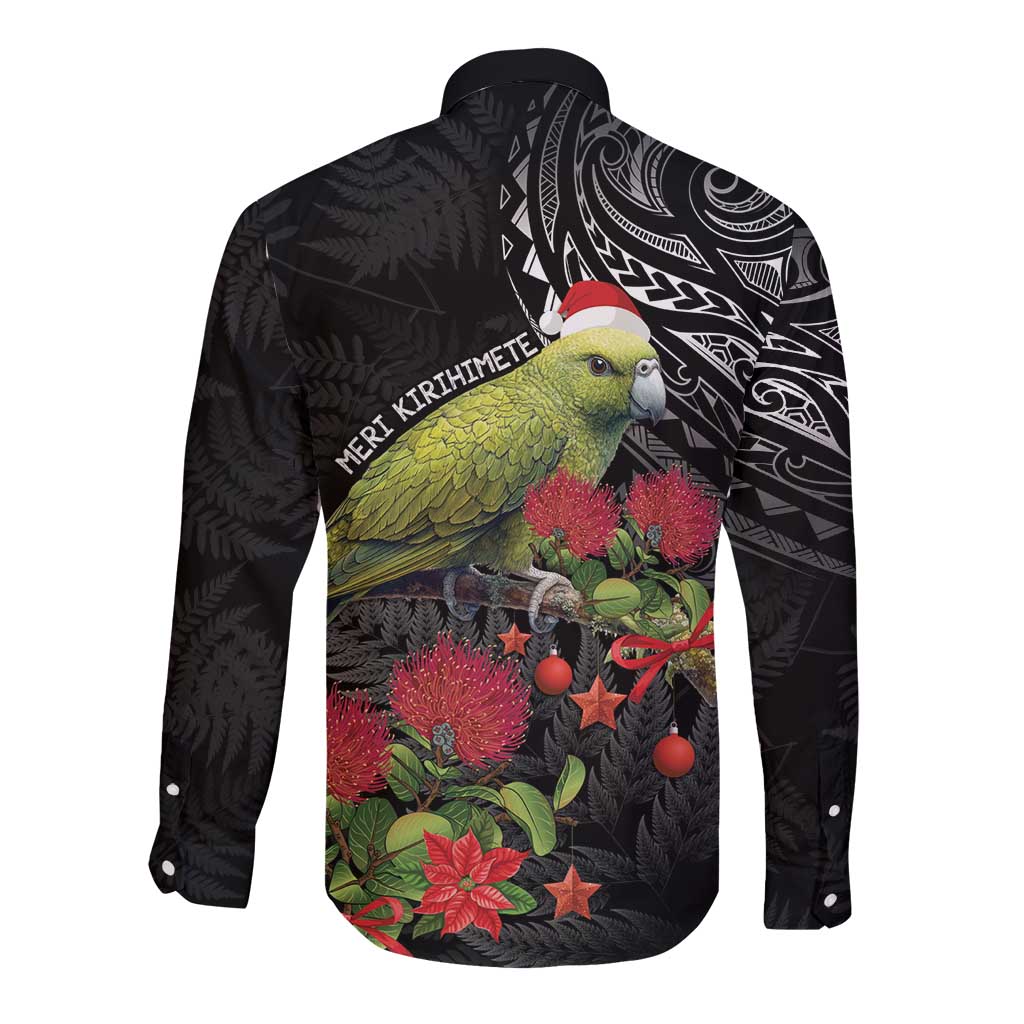 Meri Kirihimete Kakapo Long Sleeve Button Shirt Black Silver Fern Christmas Vibe - Vibe Hoodie Shop