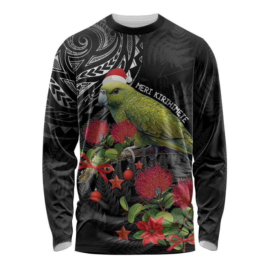 Meri Kirihimete Kakapo Long Sleeve Shirt Black Silver Fern Christmas Vibe - Vibe Hoodie Shop