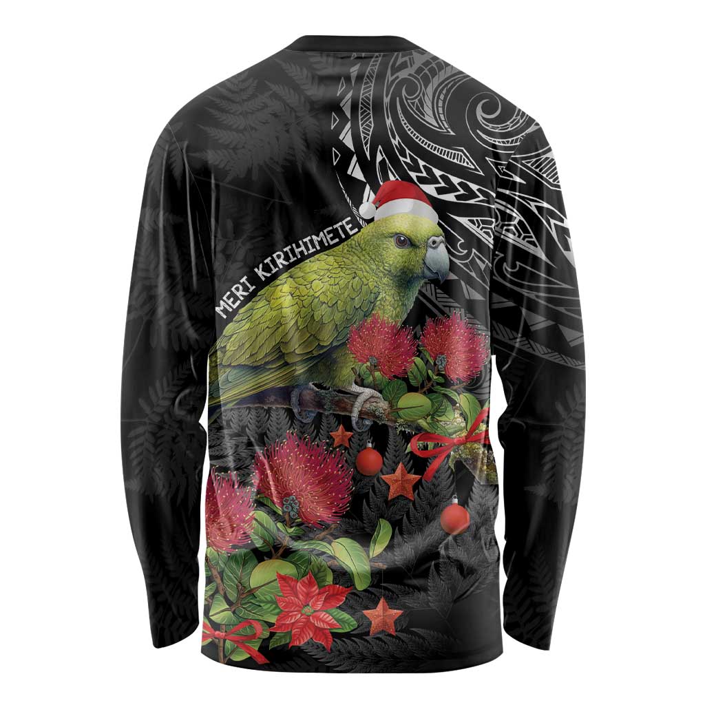 Meri Kirihimete Kakapo Long Sleeve Shirt Black Silver Fern Christmas Vibe - Vibe Hoodie Shop