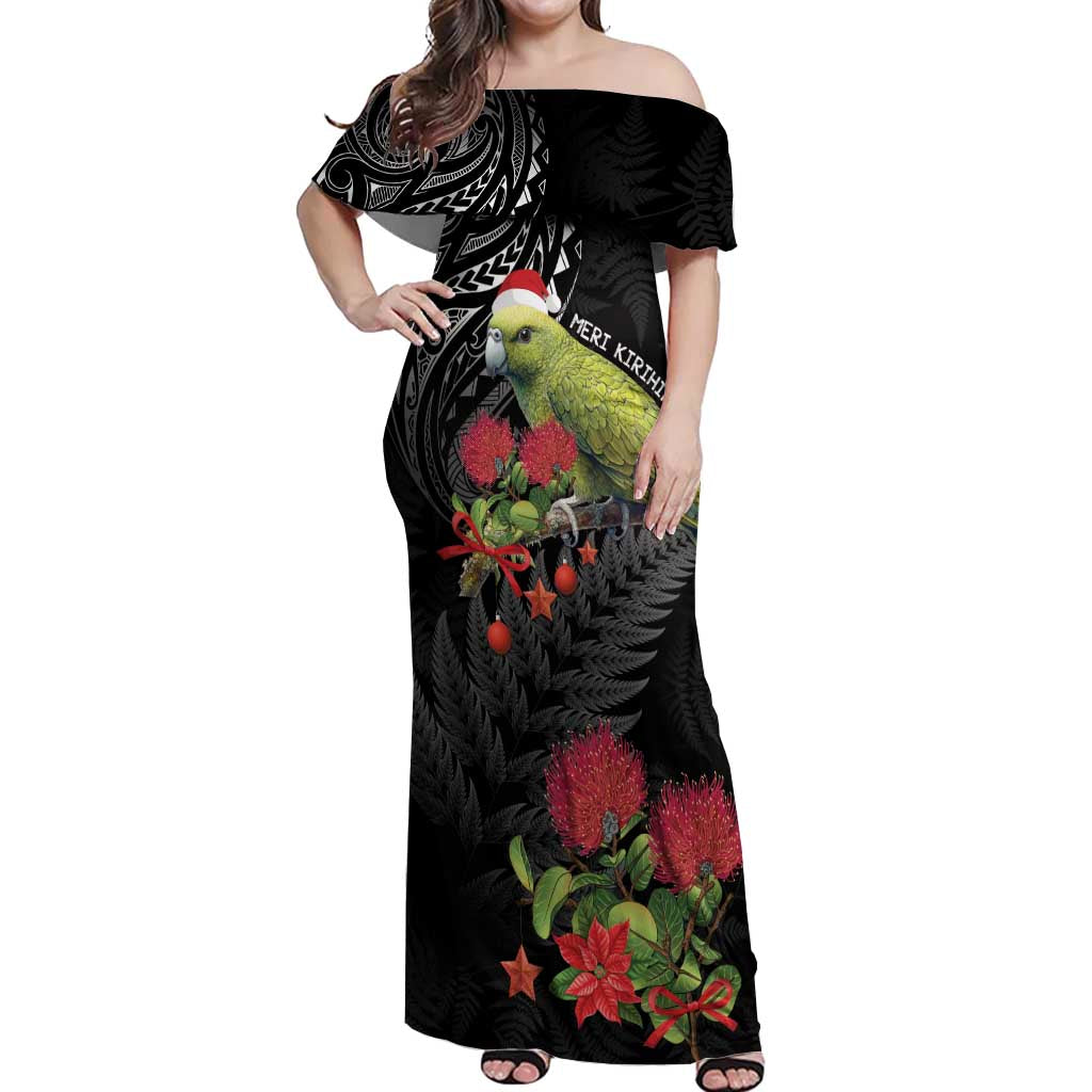 Meri Kirihimete Kakapo Off Shoulder Maxi Dress Black Silver Fern Christmas Vibe