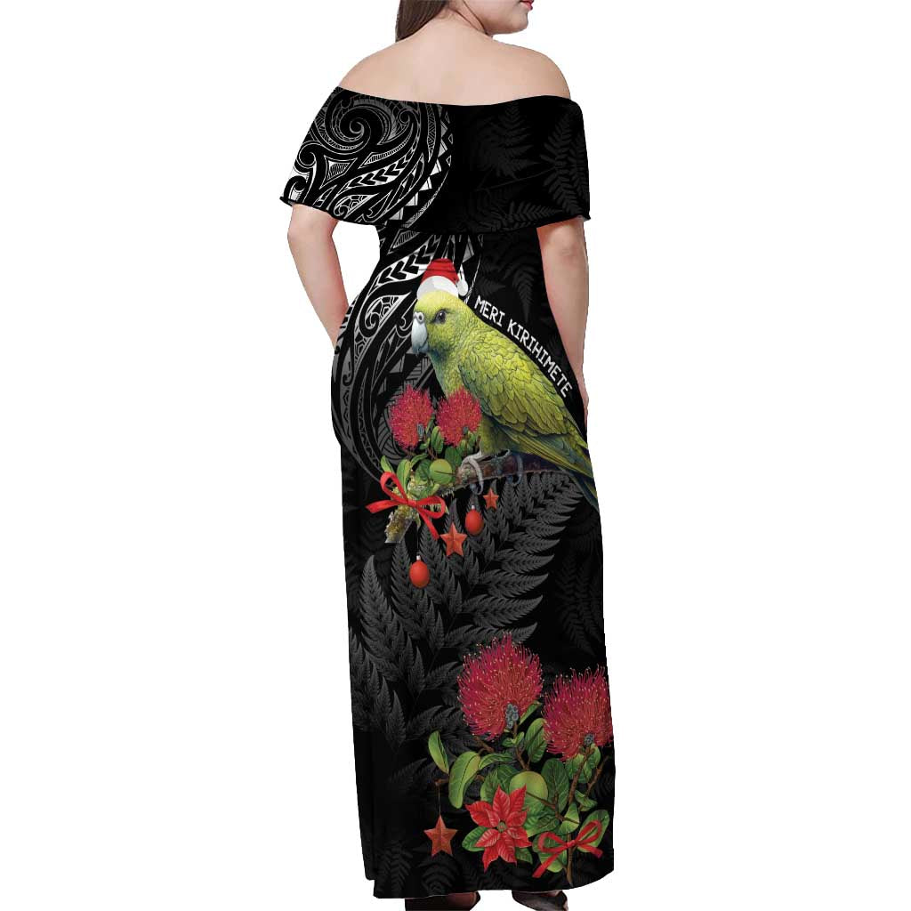 Meri Kirihimete Kakapo Off Shoulder Maxi Dress Black Silver Fern Christmas Vibe