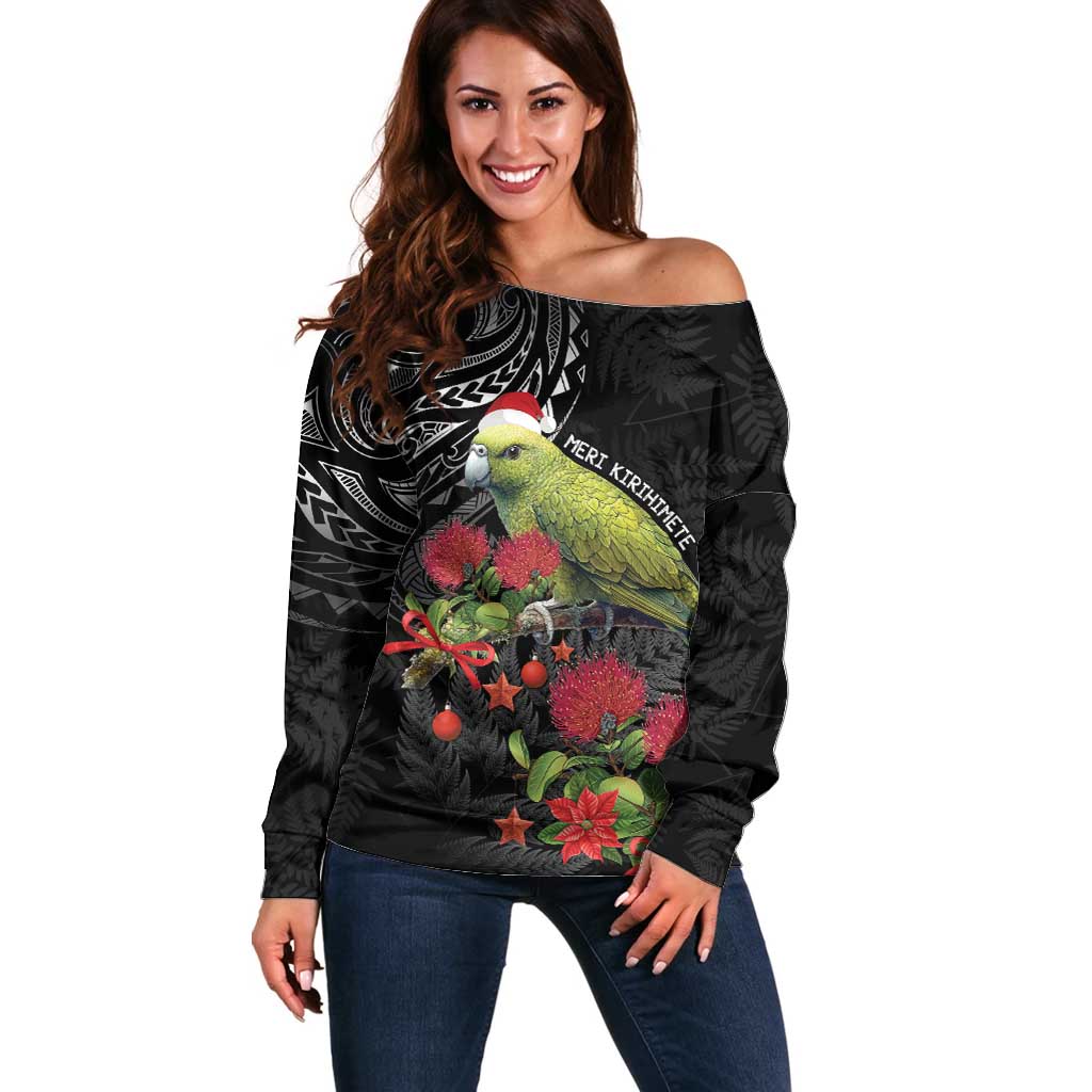 Meri Kirihimete Kakapo Off Shoulder Sweater Black Silver Fern Christmas Vibe - Vibe Hoodie Shop