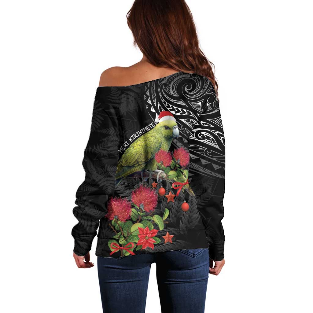 Meri Kirihimete Kakapo Off Shoulder Sweater Black Silver Fern Christmas Vibe - Vibe Hoodie Shop