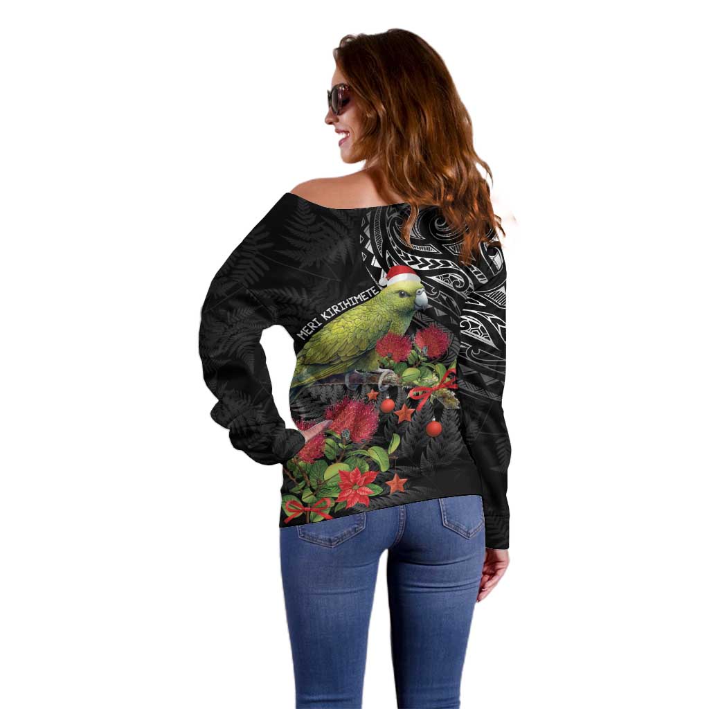 Meri Kirihimete Kakapo Off Shoulder Sweater Black Silver Fern Christmas Vibe - Vibe Hoodie Shop