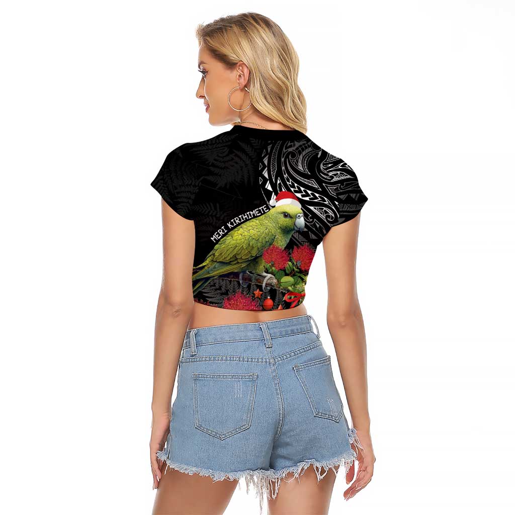 Meri Kirihimete Kakapo Raglan Cropped T Shirt Black Silver Fern Christmas Vibe - Vibe Hoodie Shop