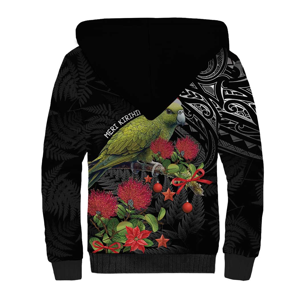 Meri Kirihimete Kakapo Sherpa Hoodie Black Silver Fern Christmas Vibe - Vibe Hoodie Shop