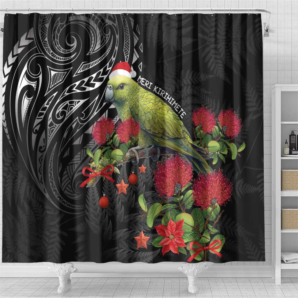 Meri Kirihimete Kakapo Shower Curtain Black Silver Fern Christmas Vibe