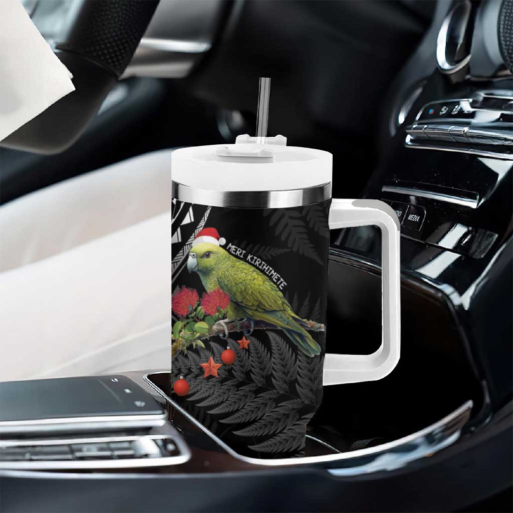 Meri Kirihimete Kakapo Tumbler With Handle Black Silver Fern Christmas Vibe