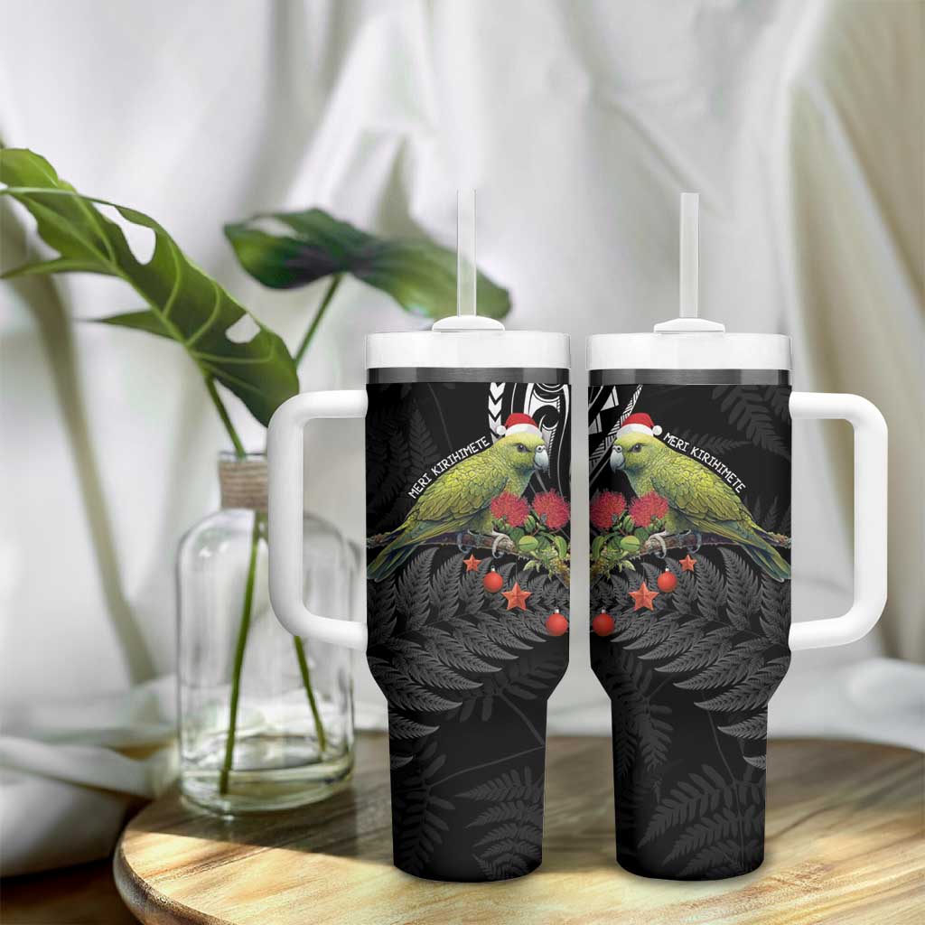 Meri Kirihimete Kakapo Tumbler With Handle Black Silver Fern Christmas Vibe