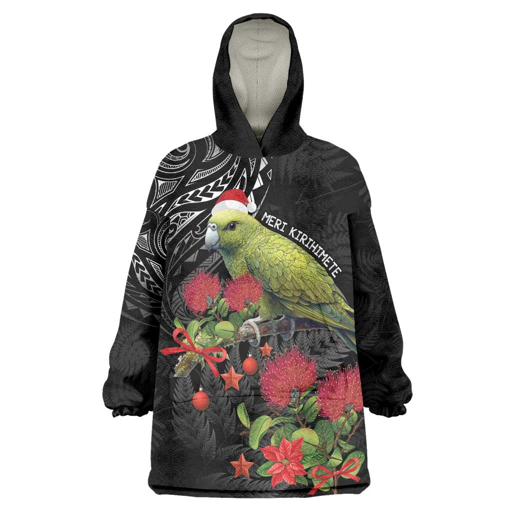 Meri Kirihimete Kakapo Wearable Blanket Hoodie Black Silver Fern Christmas Vibe - Vibe Hoodie Shop