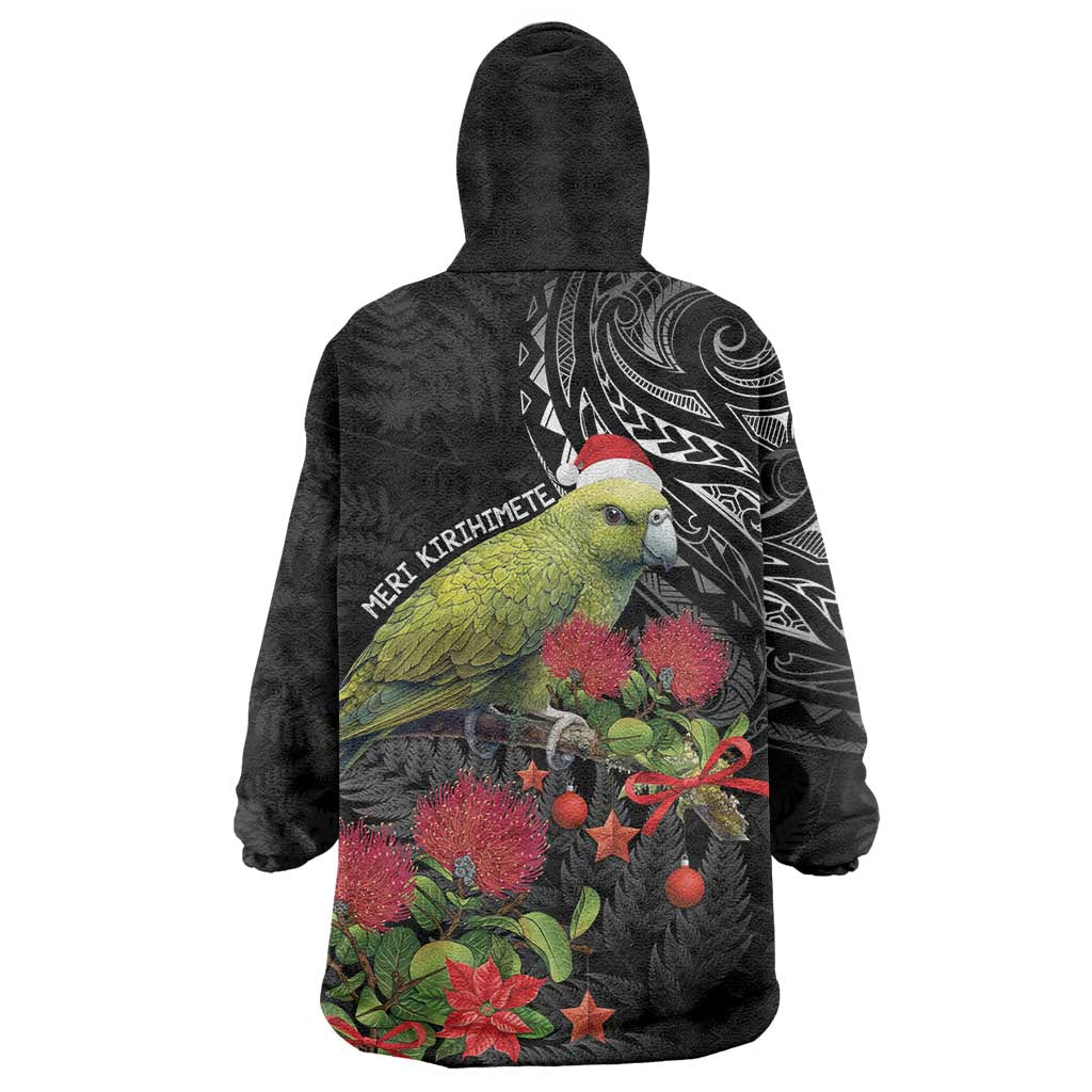 Meri Kirihimete Kakapo Wearable Blanket Hoodie Black Silver Fern Christmas Vibe - Vibe Hoodie Shop