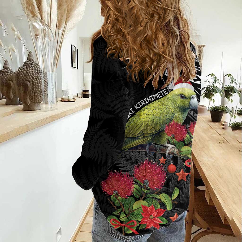 Meri Kirihimete Kakapo Women Casual Shirt Black Silver Fern Christmas Vibe - Vibe Hoodie Shop