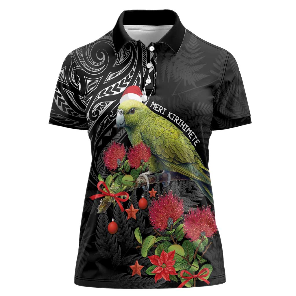 Meri Kirihimete Kakapo Women Polo Shirt Black Silver Fern Christmas Vibe - Vibe Hoodie Shop