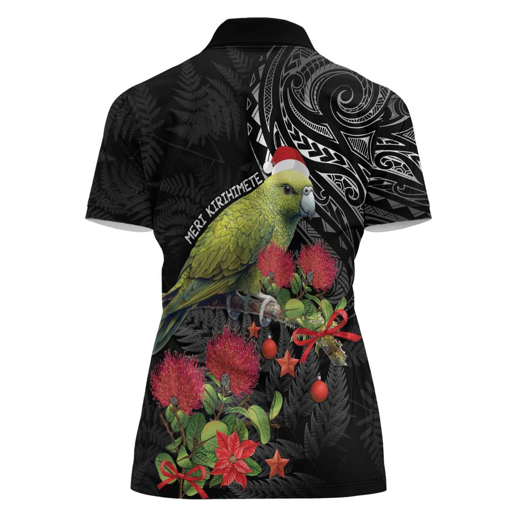 Meri Kirihimete Kakapo Women Polo Shirt Black Silver Fern Christmas Vibe - Vibe Hoodie Shop