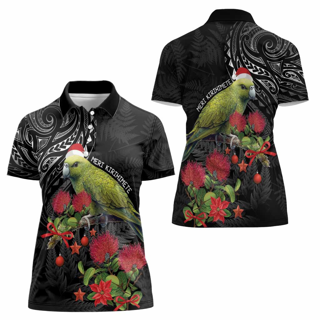 Meri Kirihimete Kakapo Women Polo Shirt Black Silver Fern Christmas Vibe - Vibe Hoodie Shop