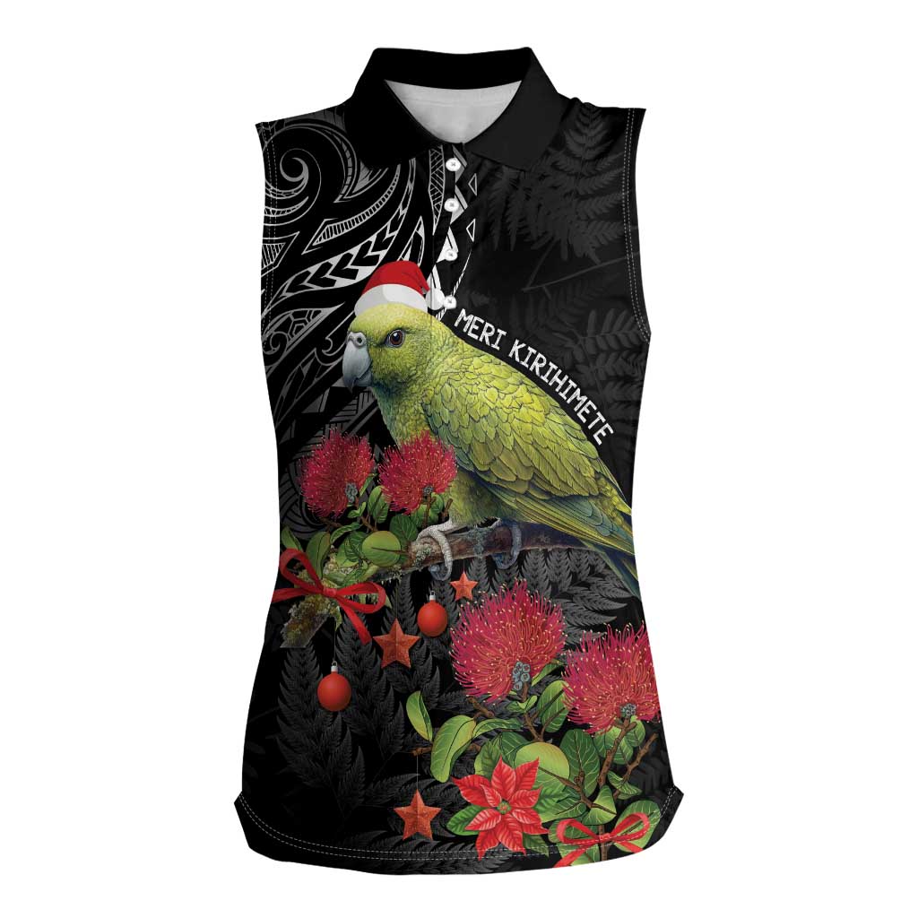 Meri Kirihimete Kakapo Women Sleeveless Polo Shirt Black Silver Fern Christmas Vibe