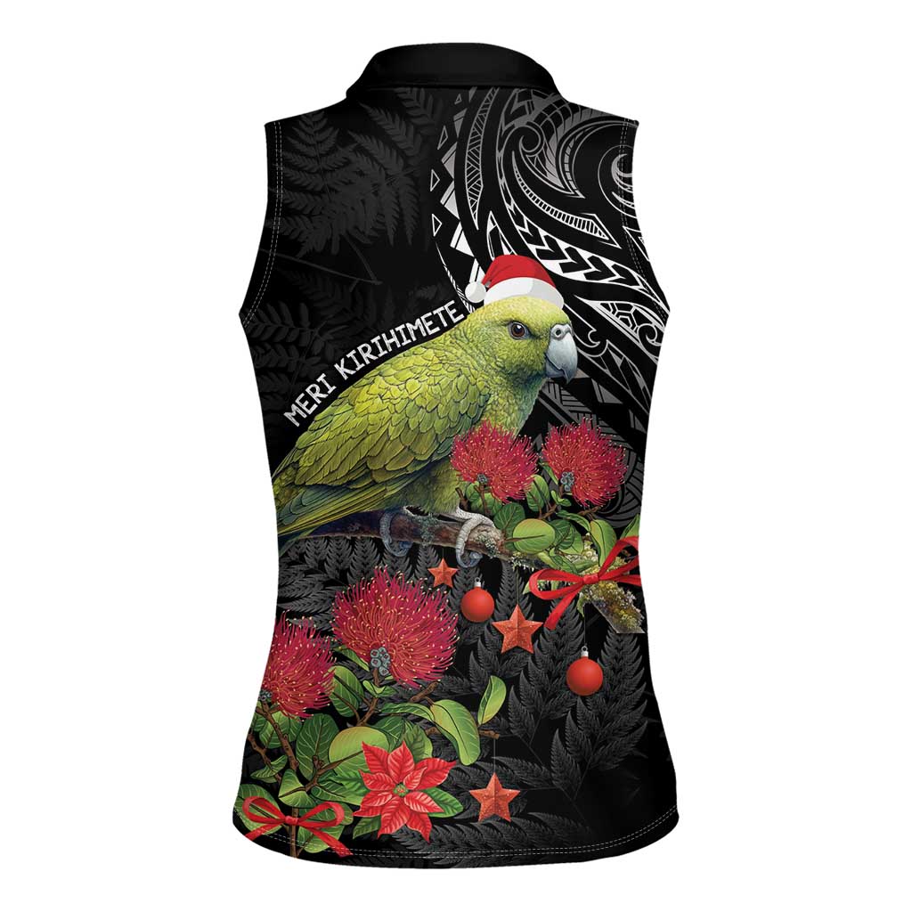 Meri Kirihimete Kakapo Women Sleeveless Polo Shirt Black Silver Fern Christmas Vibe