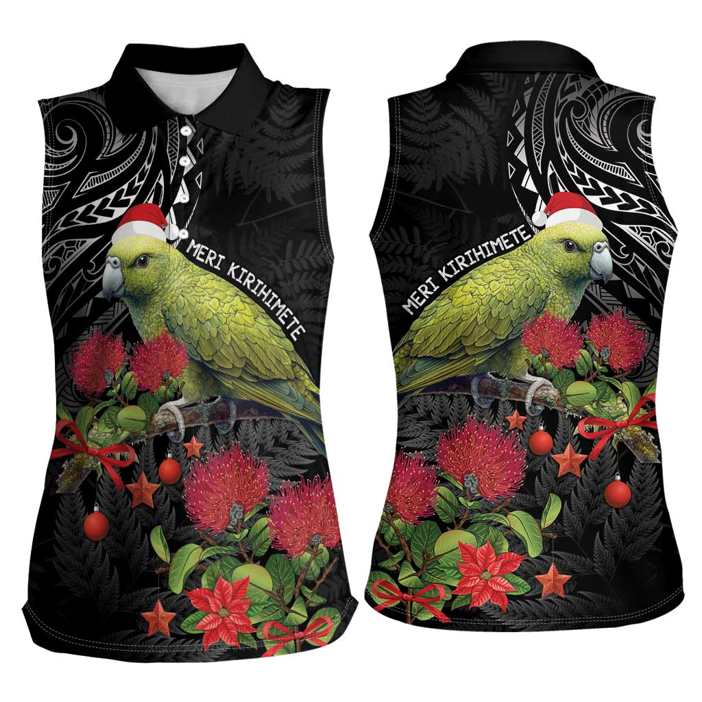 Meri Kirihimete Kakapo Women Sleeveless Polo Shirt Black Silver Fern Christmas Vibe