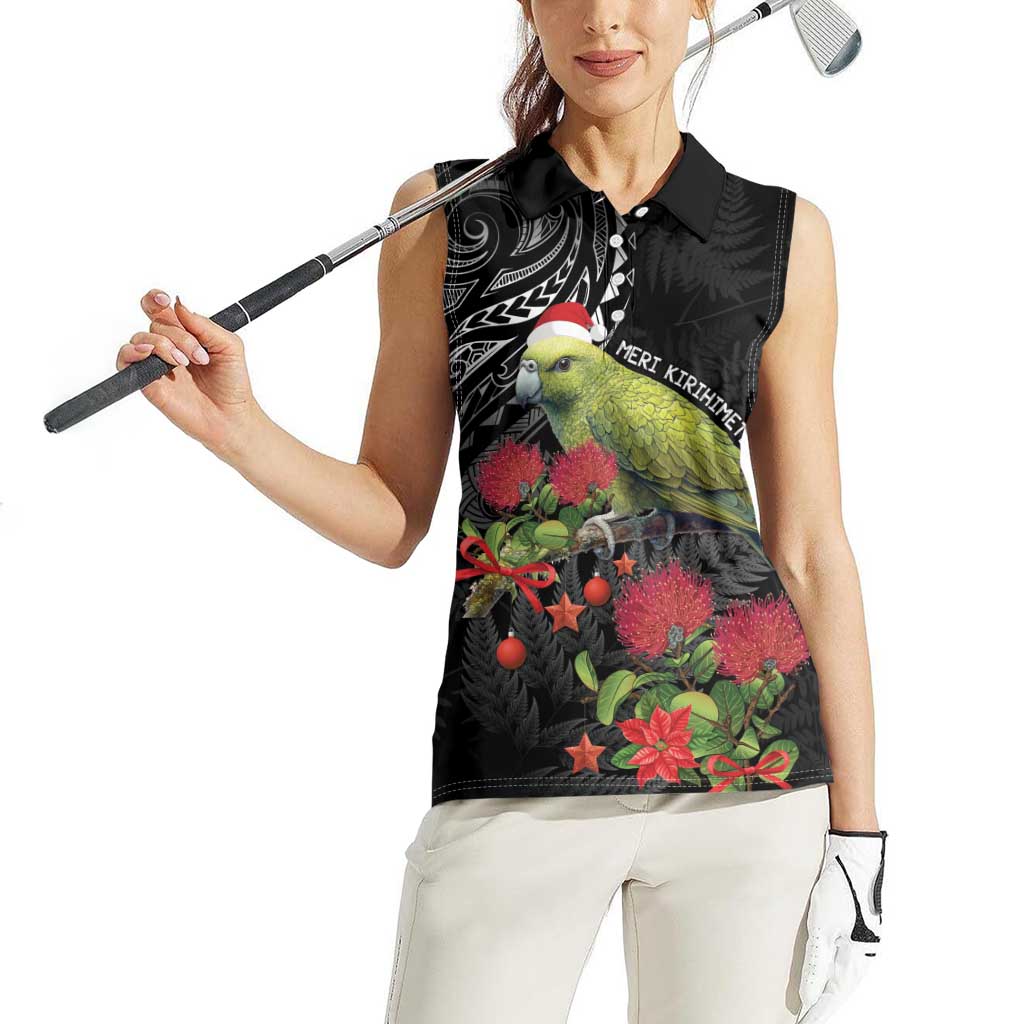 Meri Kirihimete Kakapo Women Sleeveless Polo Shirt Black Silver Fern Christmas Vibe