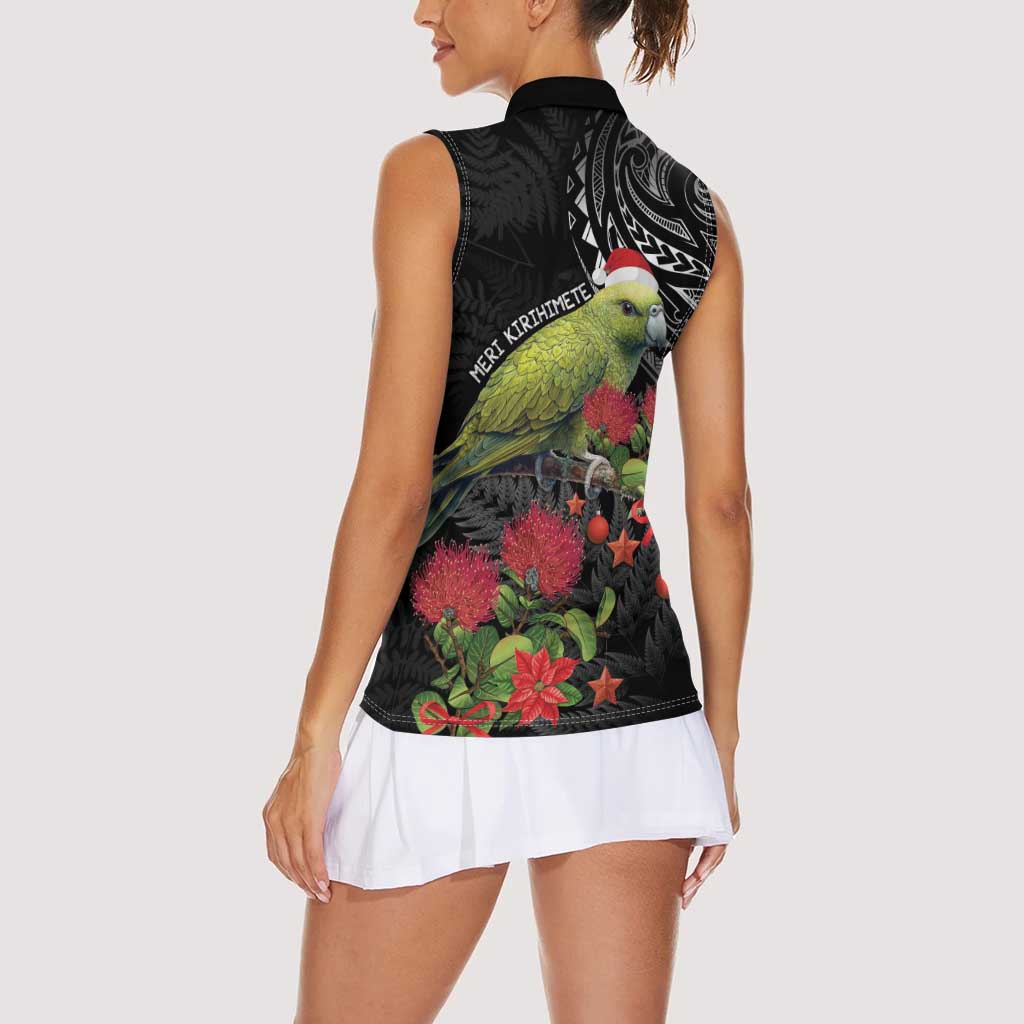 Meri Kirihimete Kakapo Women Sleeveless Polo Shirt Black Silver Fern Christmas Vibe