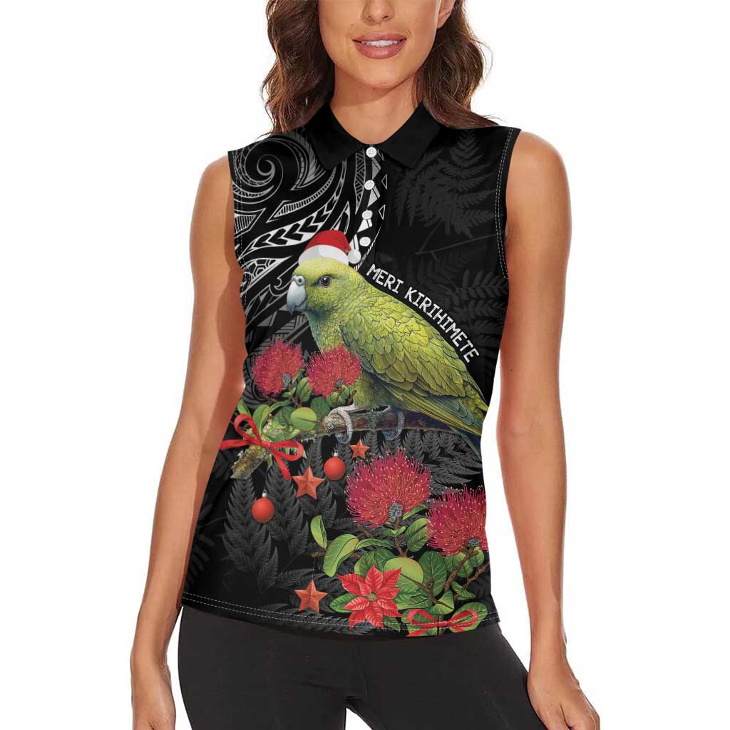 Meri Kirihimete Kakapo Women Sleeveless Polo Shirt Black Silver Fern Christmas Vibe