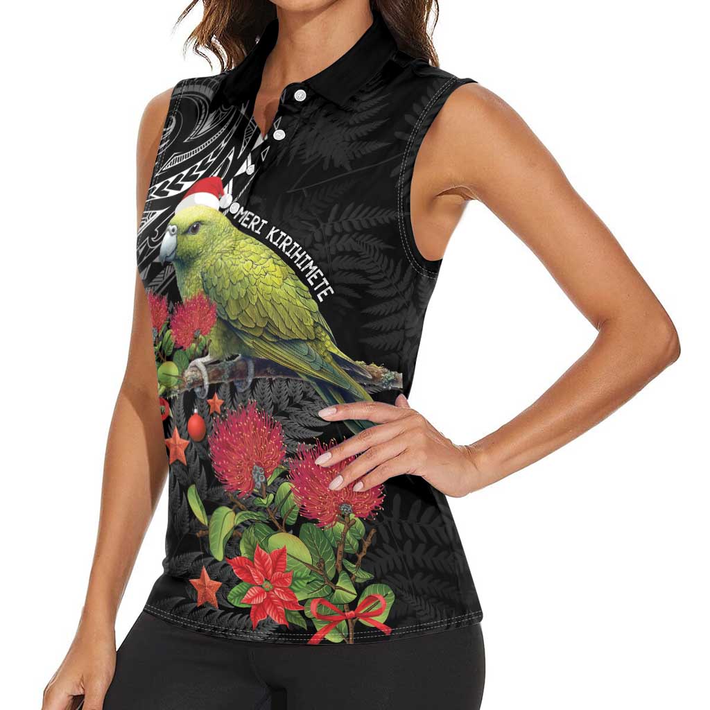 Meri Kirihimete Kakapo Women Sleeveless Polo Shirt Black Silver Fern Christmas Vibe