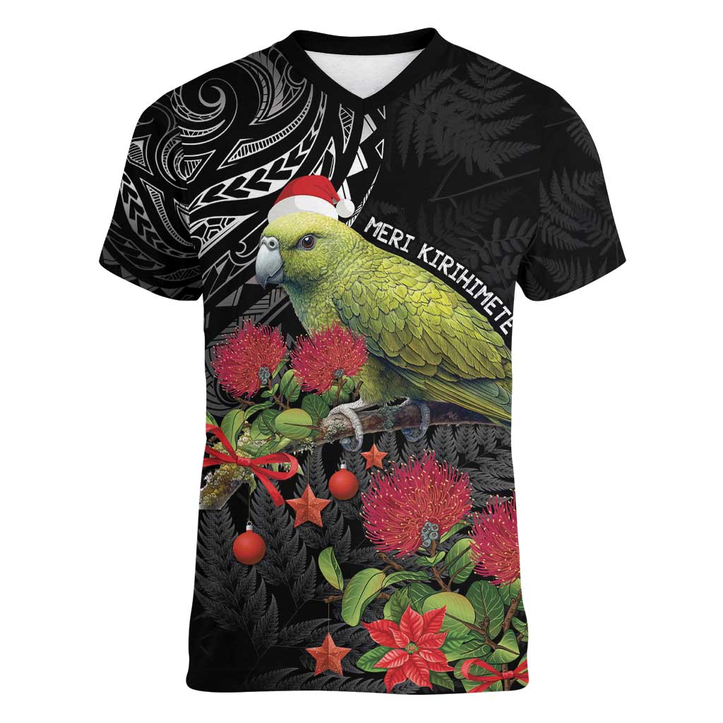 Meri Kirihimete Kakapo Women V-Neck T-Shirt Black Silver Fern Christmas Vibe - Vibe Hoodie Shop