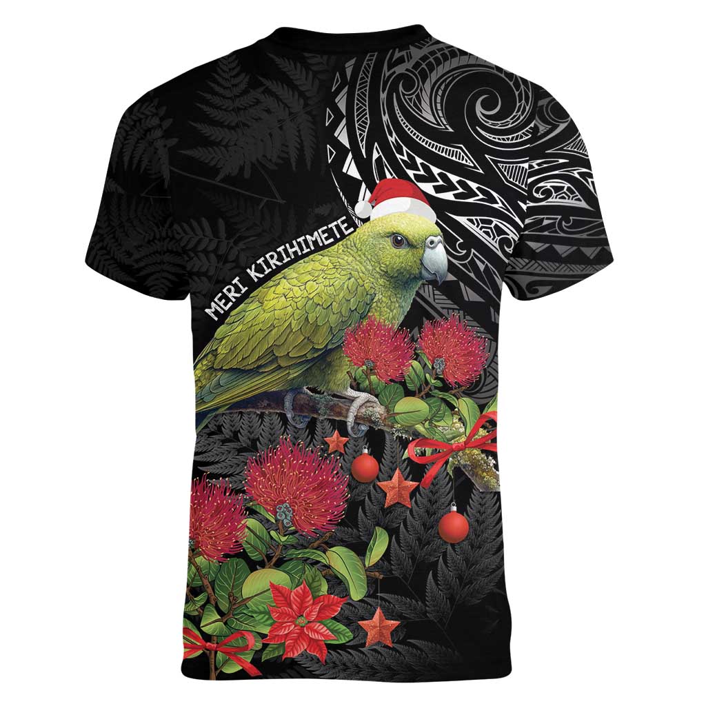 Meri Kirihimete Kakapo Women V-Neck T-Shirt Black Silver Fern Christmas Vibe - Vibe Hoodie Shop