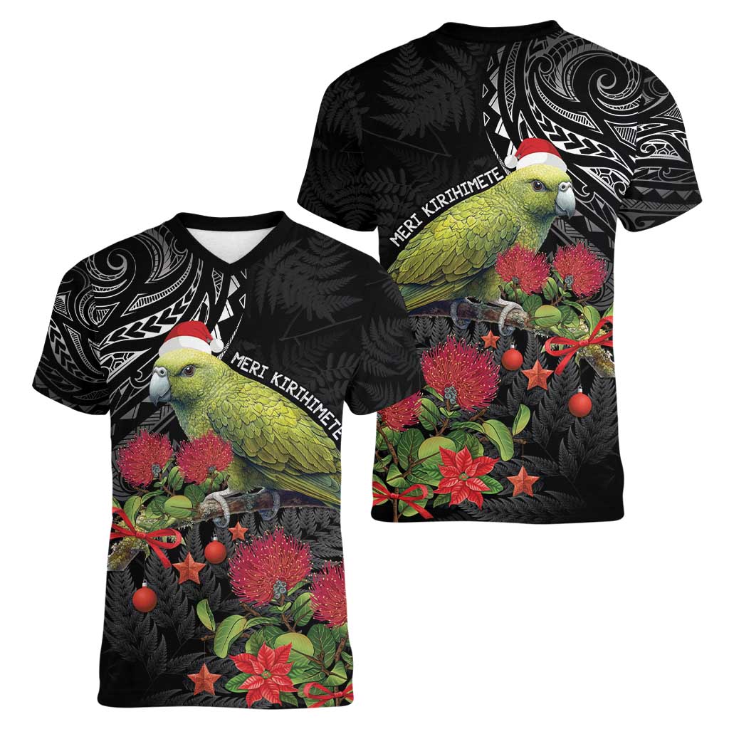 Meri Kirihimete Kakapo Women V-Neck T-Shirt Black Silver Fern Christmas Vibe - Vibe Hoodie Shop